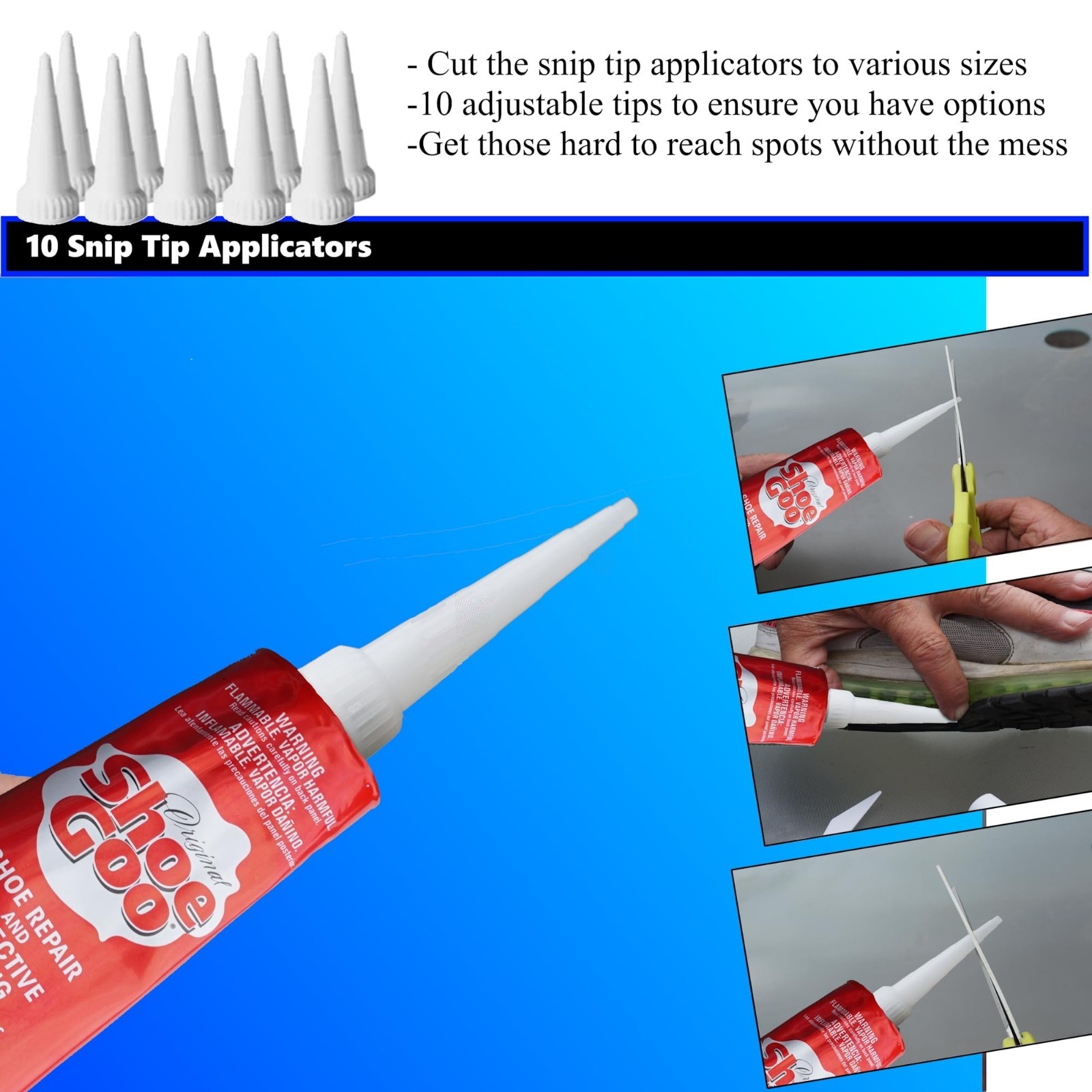 Clear Shoe Repair Adhesive Bundle – 10 Snip Tip Applicators & 5 Spreader Tools