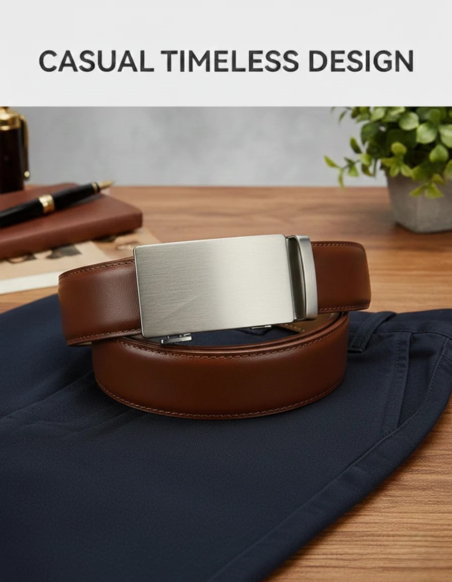 Genuine Leather Men’s Ratchet Belt Belts For Men Adjustable Automatic Buckle