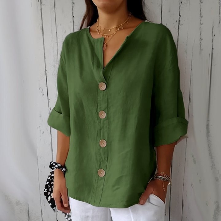 Loose-fit Women’s V-neck Cotton-Linen Button T-shirt Top