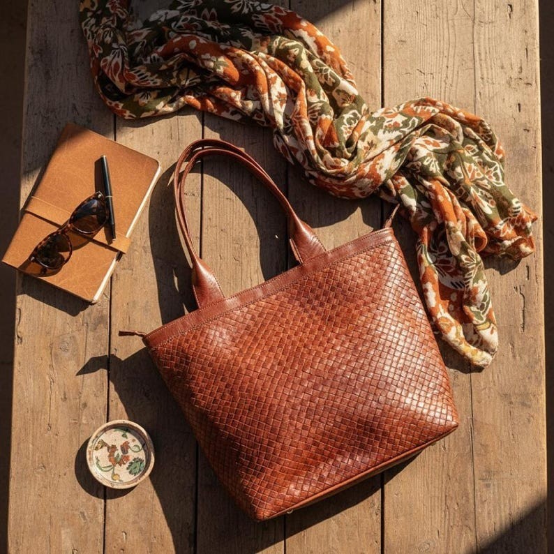 Handmade Moroccan Leather Bag | Braided Leather Tote | Marrakech Artisan Bag | L