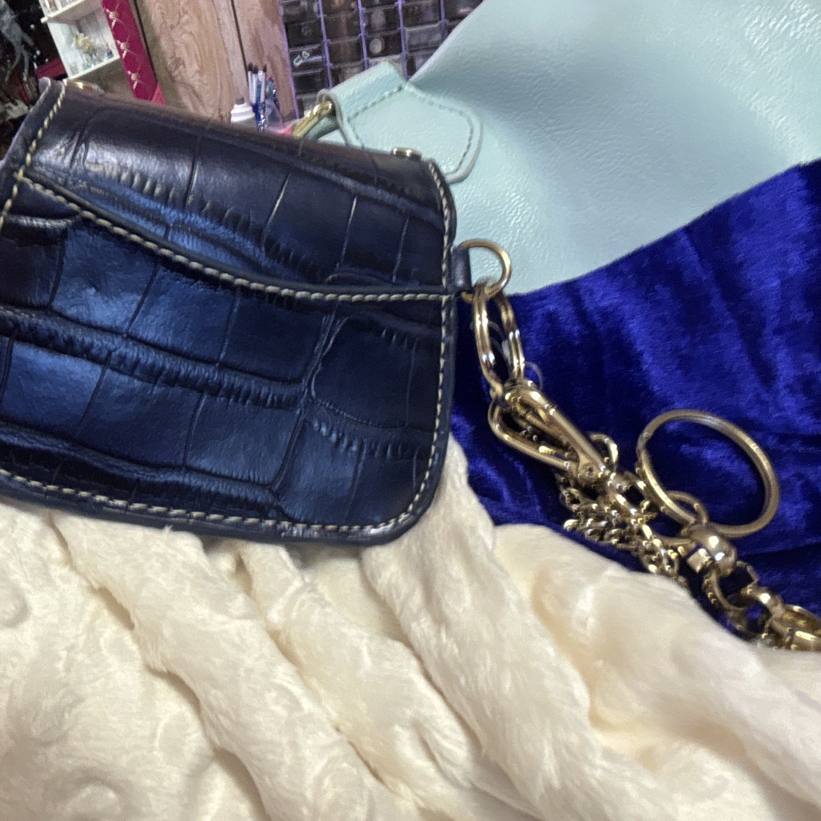 Kathy Van Zeeland Blue/Gold Croc Key Chain Heart Charm Rhinestone Studded