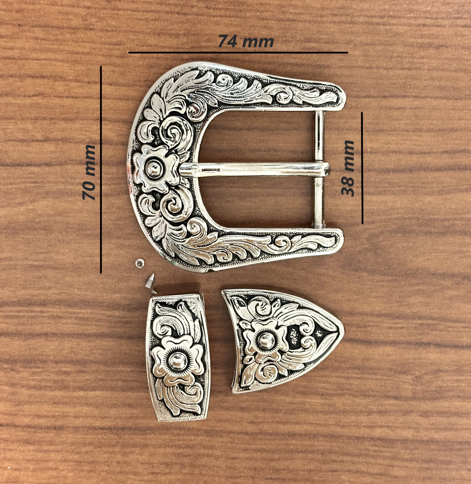 Western 3-Piece Belt Buckle Set Floral Engraved Silver Metal Cowboy Rodeo Style