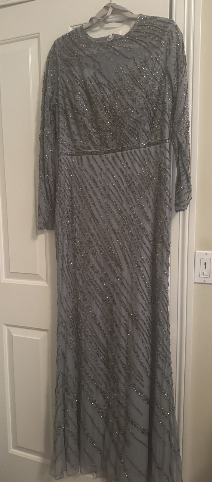 Mac Duggal Long Beaded Dress in Platinum with Gold Beads, size 10, $598