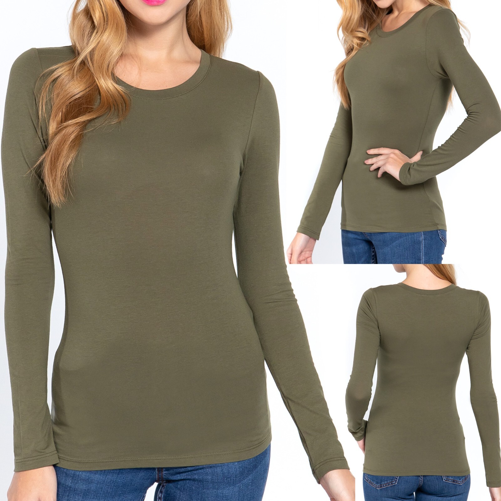 Womens Cotton Stretch Long Sleeve T-Shirt Plain Fitted Basic Solid Slim Layering