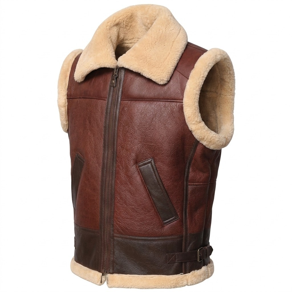 Men B3 Bomber Shearling Leather Vest Aviator Sheepskin Fur Lined Gilet Jacket