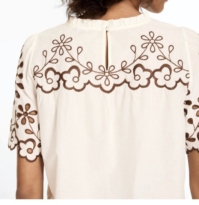 NWT NEW SUMMER TALBOTS SIZE LARGE EMBROIDERED VOILE TOP IVORY / BROWN $119.00