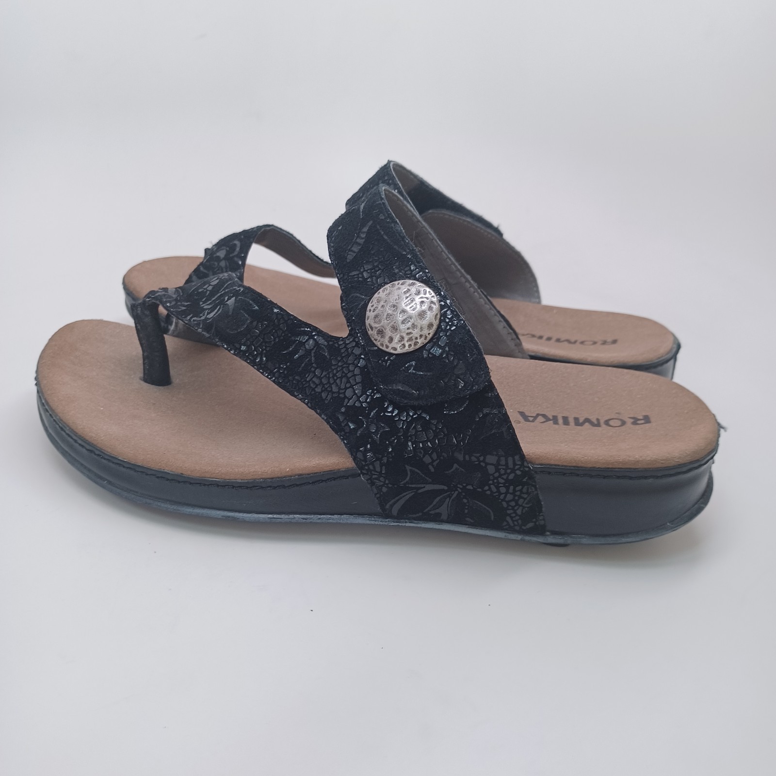 Romika Sandals Black Velvet Leather Comfort Wedge Germany Womens 38 or US 7.5