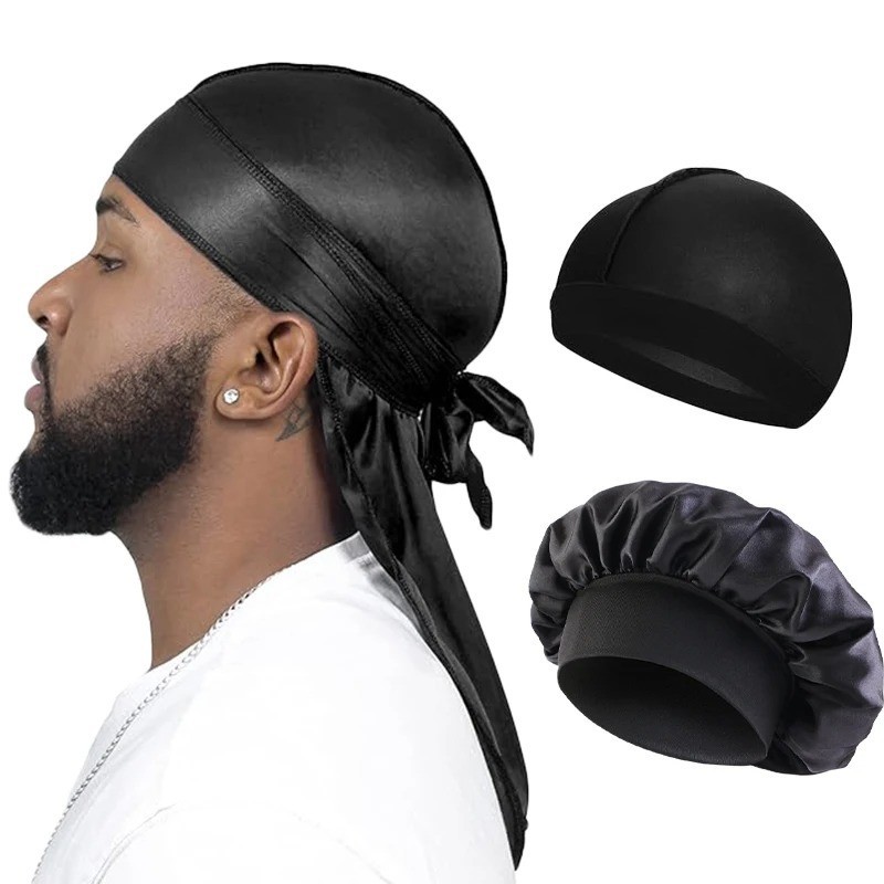 3Pack Silky Satin Durag Men Wave Cap Lot 360 Waves Bonnet Sleep Cap Doo Rag Long