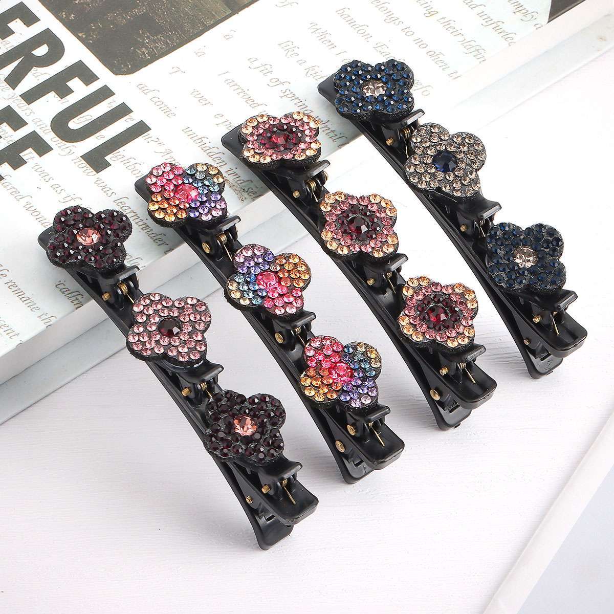 4PCS Sparkling Crystal Stone Double Bangs Satin Fabric Braided Hair Clips Bands
