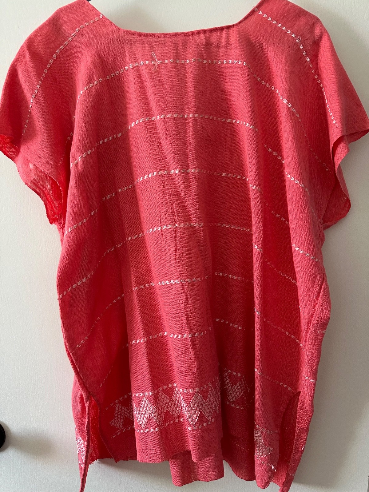 Mexican Embroidered Huipil Maya Top PEACH PINK cotton white embroidery – Large