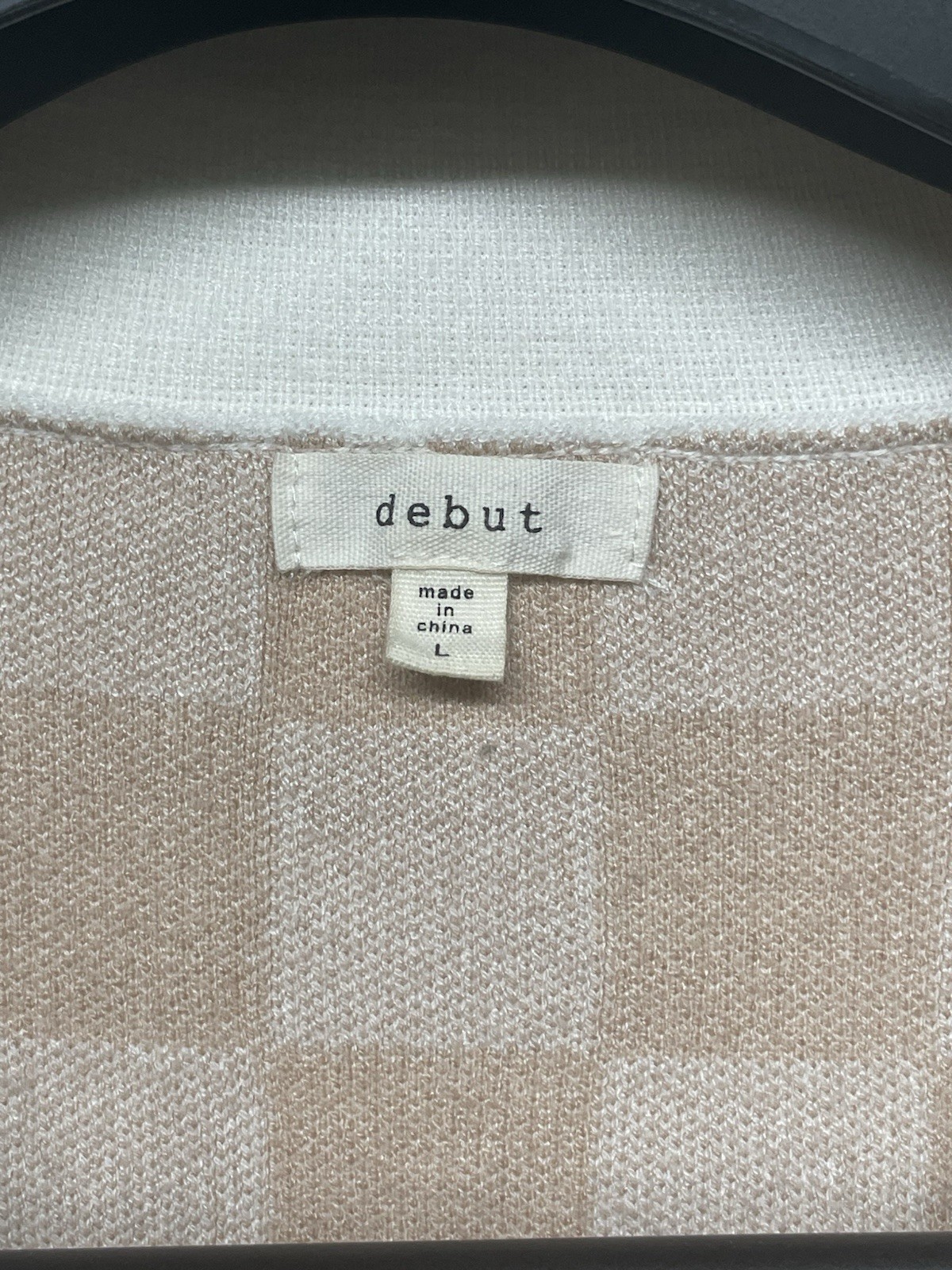 debut Women’s Beige/White Check Knit Collared Short Sleeve Pullover Sweater L