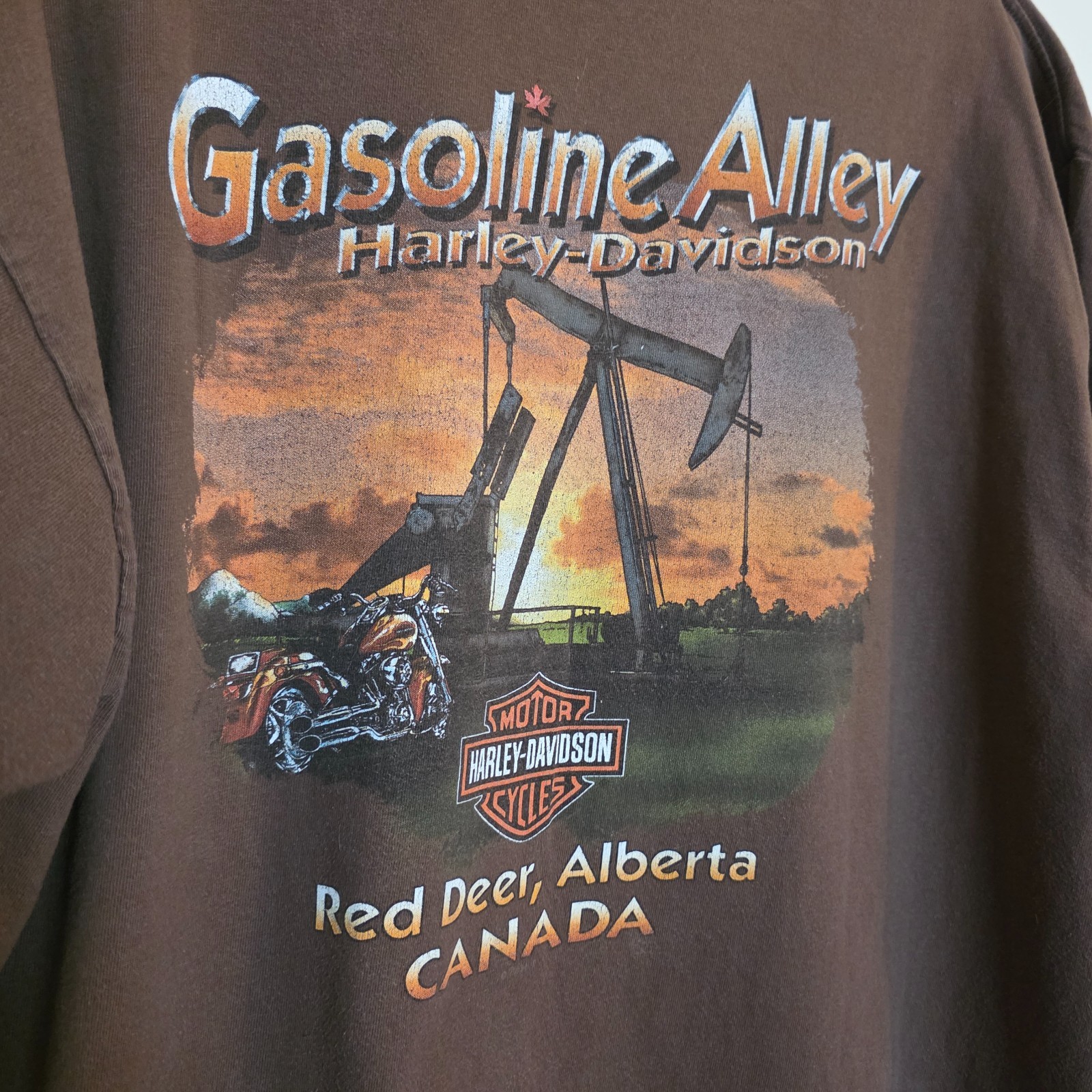 Vintage Harley Davidson Shirt XL Brown Gasoline Alley Red Deer Alberta Pumpjack