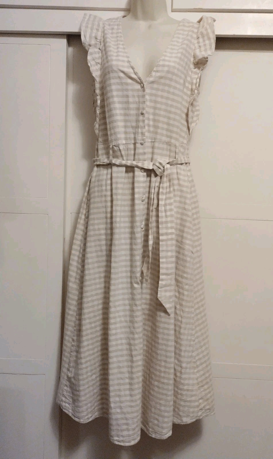 Zara Womens Plaid Ruffle Sleeveless Dress Maxi Linen Blend Beige White Size M