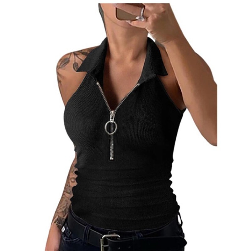 Women Tank Top Vest Zipper Sleeveless Shirt Sexy Casual Slim Top Large V-neck