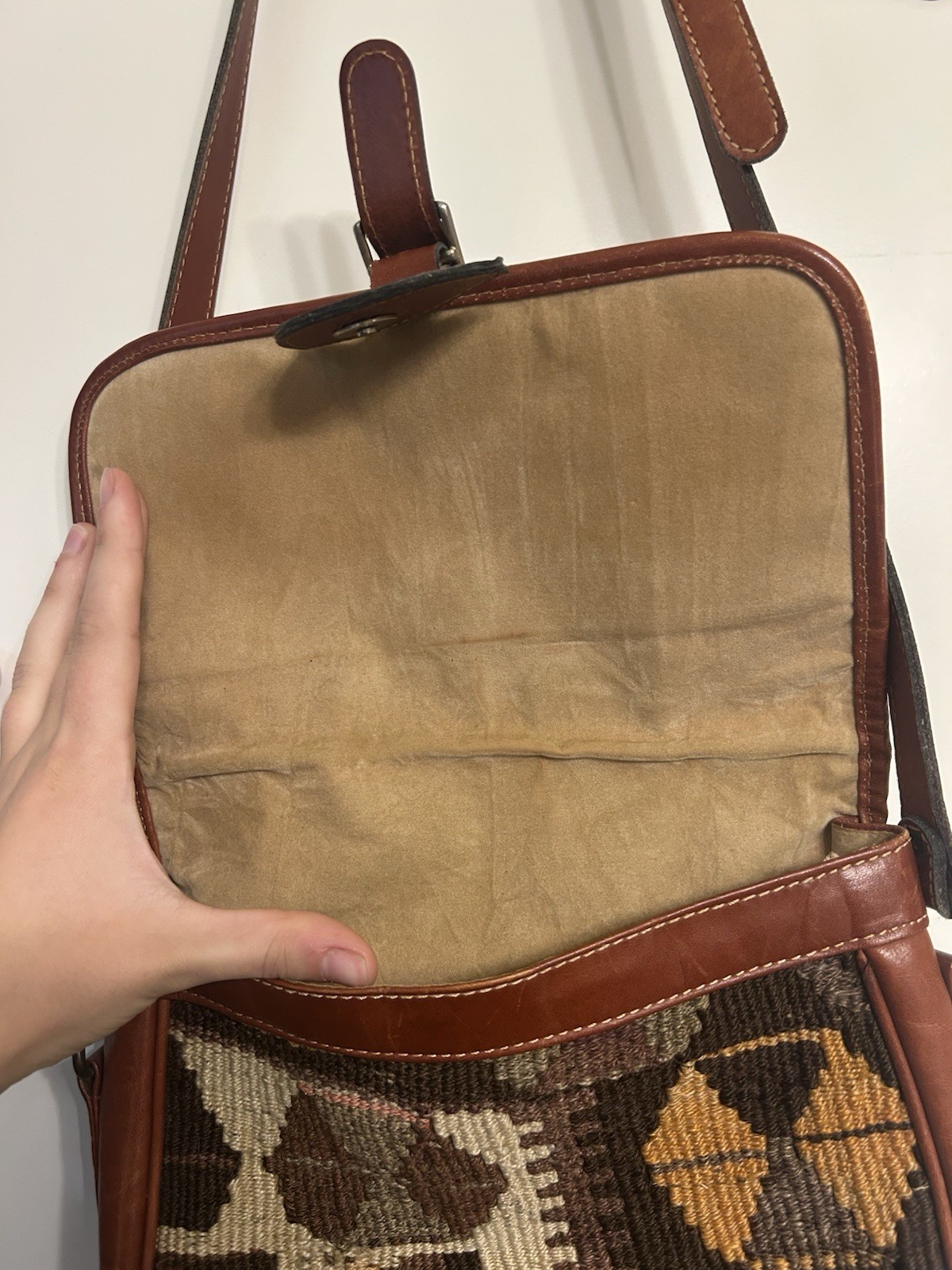 Vintage Genuine Kilim Wool Leather Woven Crossbody Shoulder Bag Made in Turkey