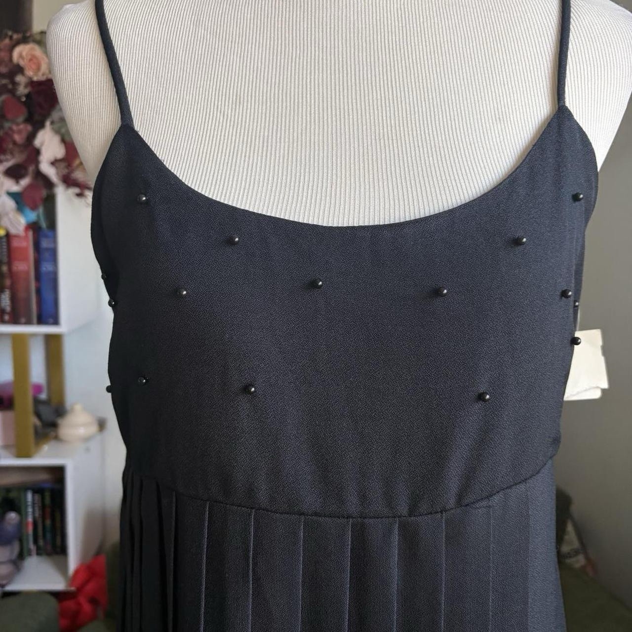 Vintage Black Beaded Mini Dress Pleated Slip Babydoll, 90s, fairy, grunge, goth