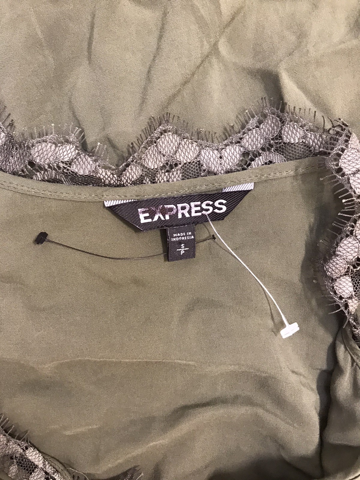 Express S Top Olive Green Lace Trims Low Cut Neck Tie Strings Blouse Soft LiteWt
