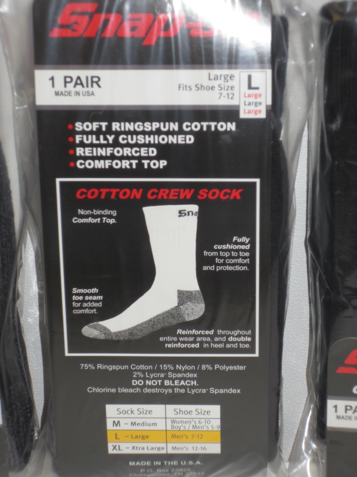 12 Snap-On CREW Socks BLACK LARGE ~ FREE SHIPPING ~ MADE IN USA 12 PAIRS *NEW*
