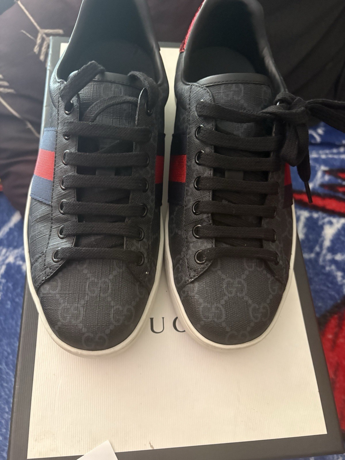 Gucci Men’s Monogram Lace-Up Sneakers Black Red Blue Leather US 5.5