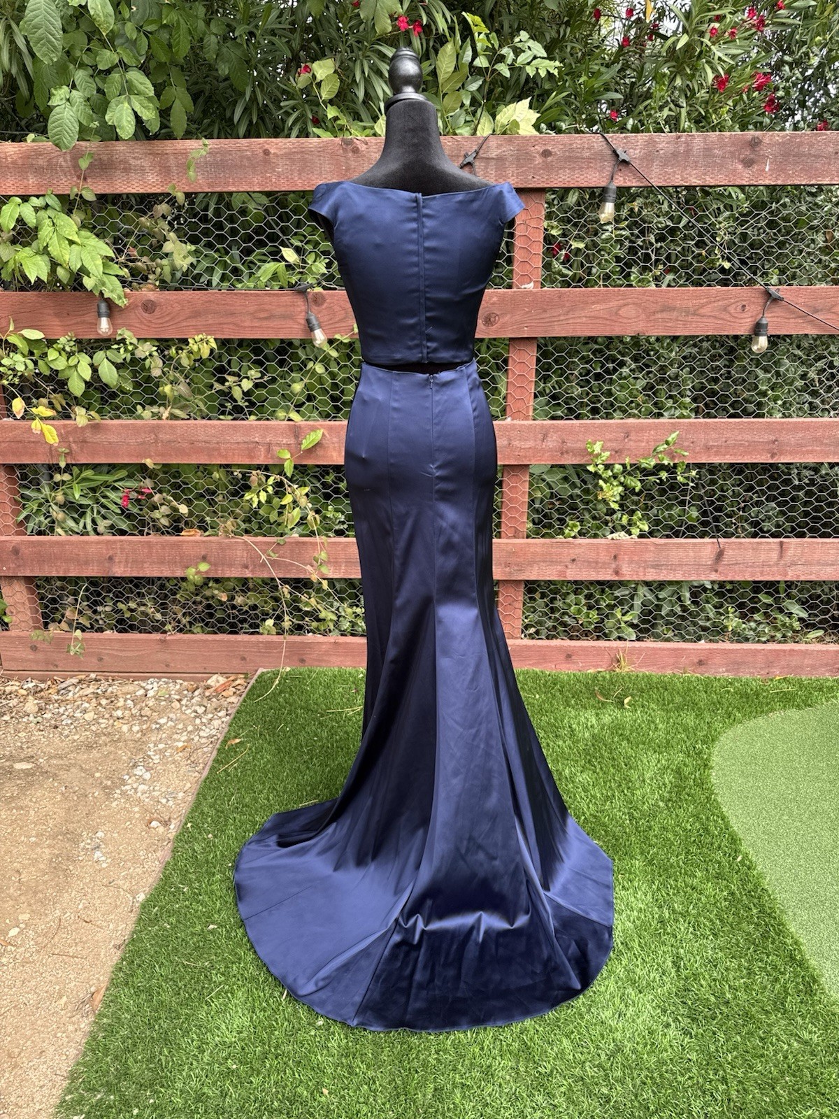 Sherri Hill Navy Satin V-Neck two-piece Maxi Dress Train Lined Zip 4 51251