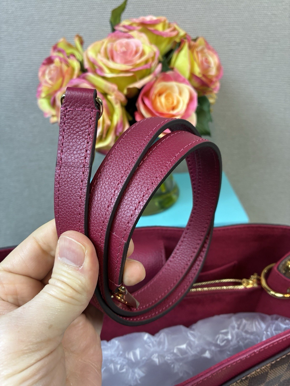 Louis Vuitton LV Damier Ebene Riverside Tote w/ Magenta Leather & LV Charm – NWT