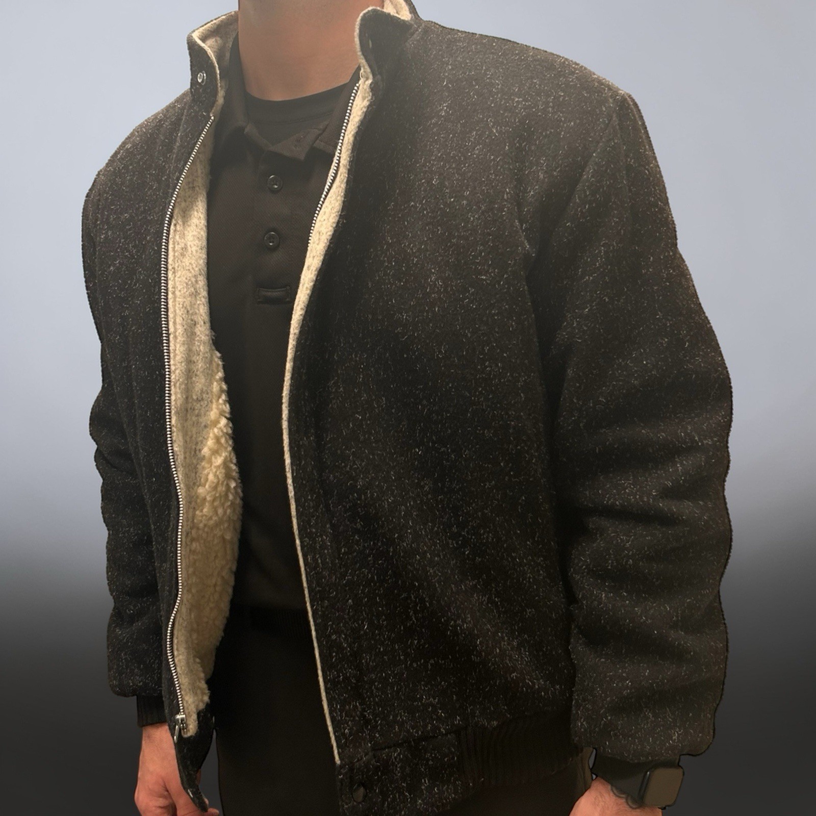 Vintage 80s 90s Black Speckled Bomber Jacket Men’s Size L (42-44) Fleece Lining