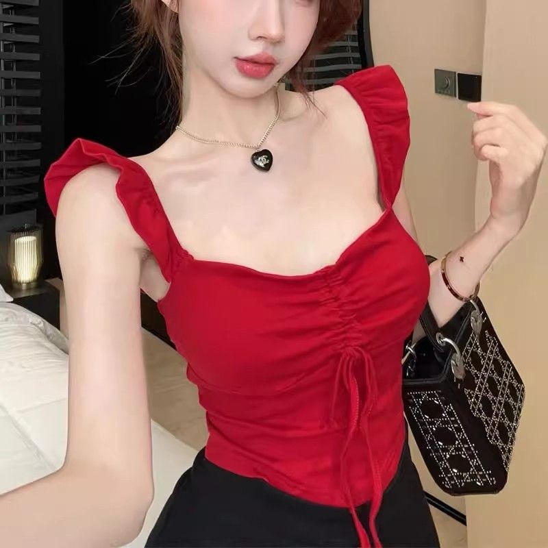 Red Camisole Bishop Sleeves Square Neckline Womens Sleeveless Top