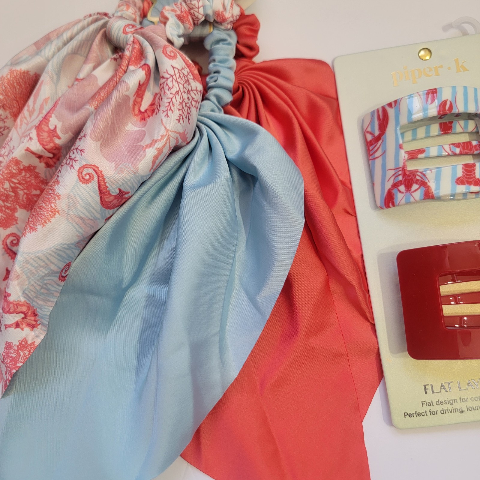 Piper K Coastal Seahorse Scarf Scrunchie & Lobster Flat Hair Clip Nautical Beach