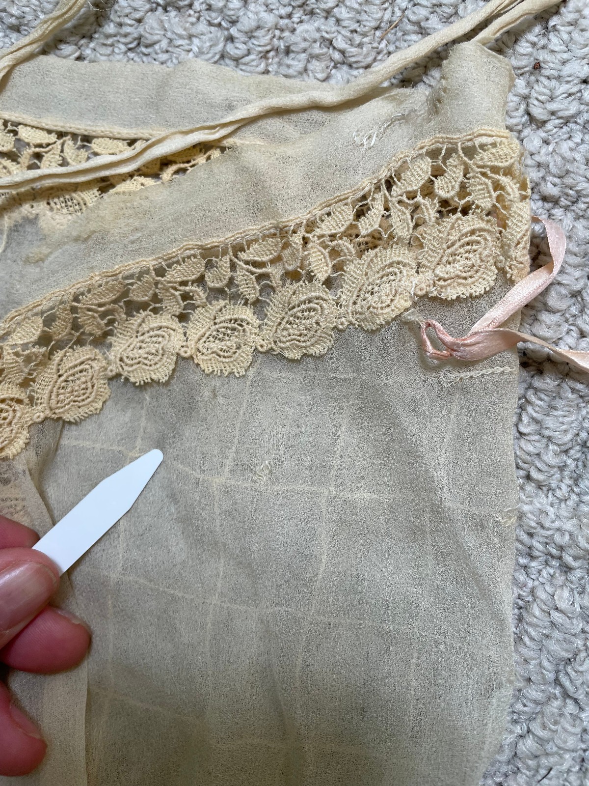 Antique 1900s Victorian Ivory Sheer Silk Slip Teddy Envelope Chemise Lace Holes