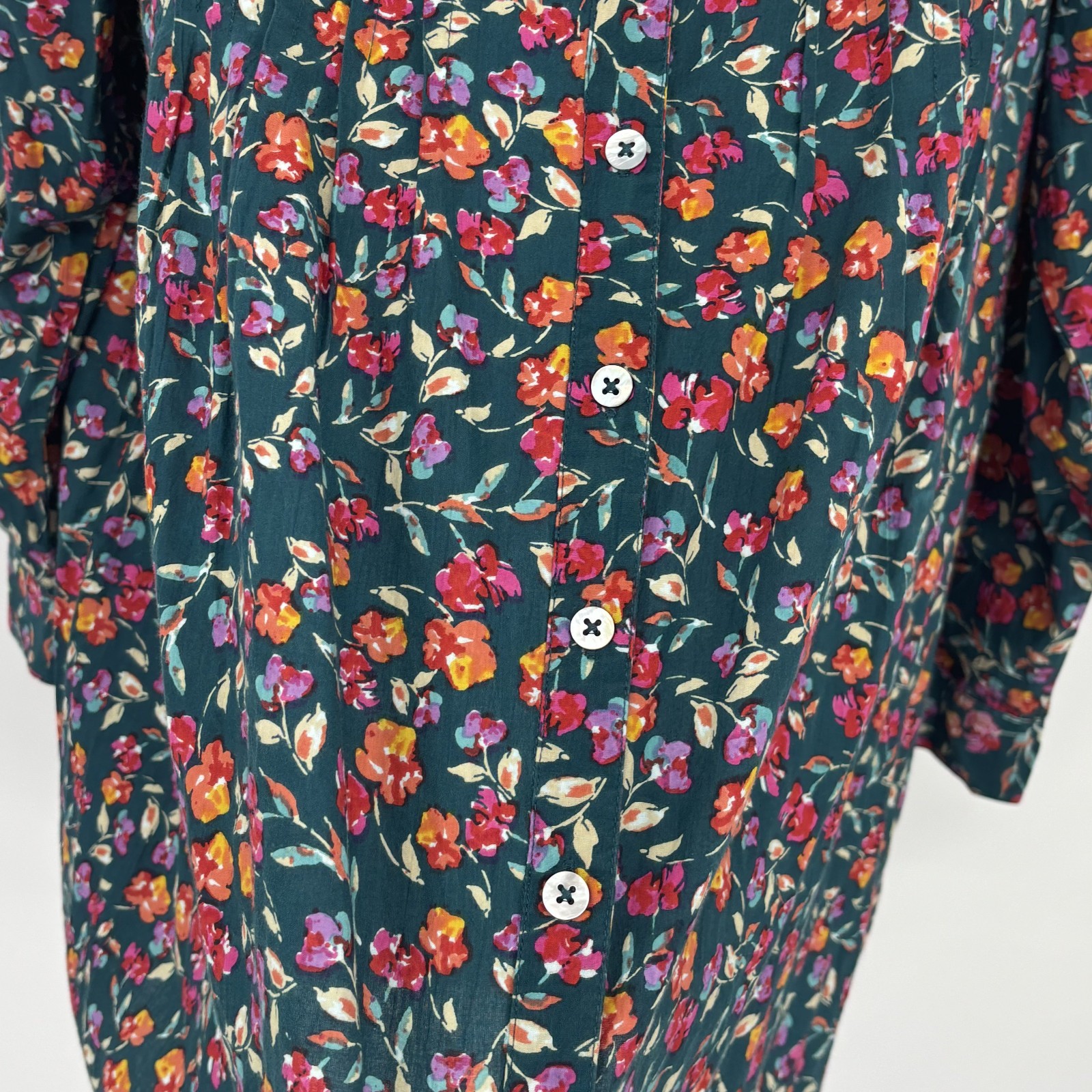 Romans 20W Green Floral Pintucked Prarie Cottagecore Boho Rolled Sleeves Top