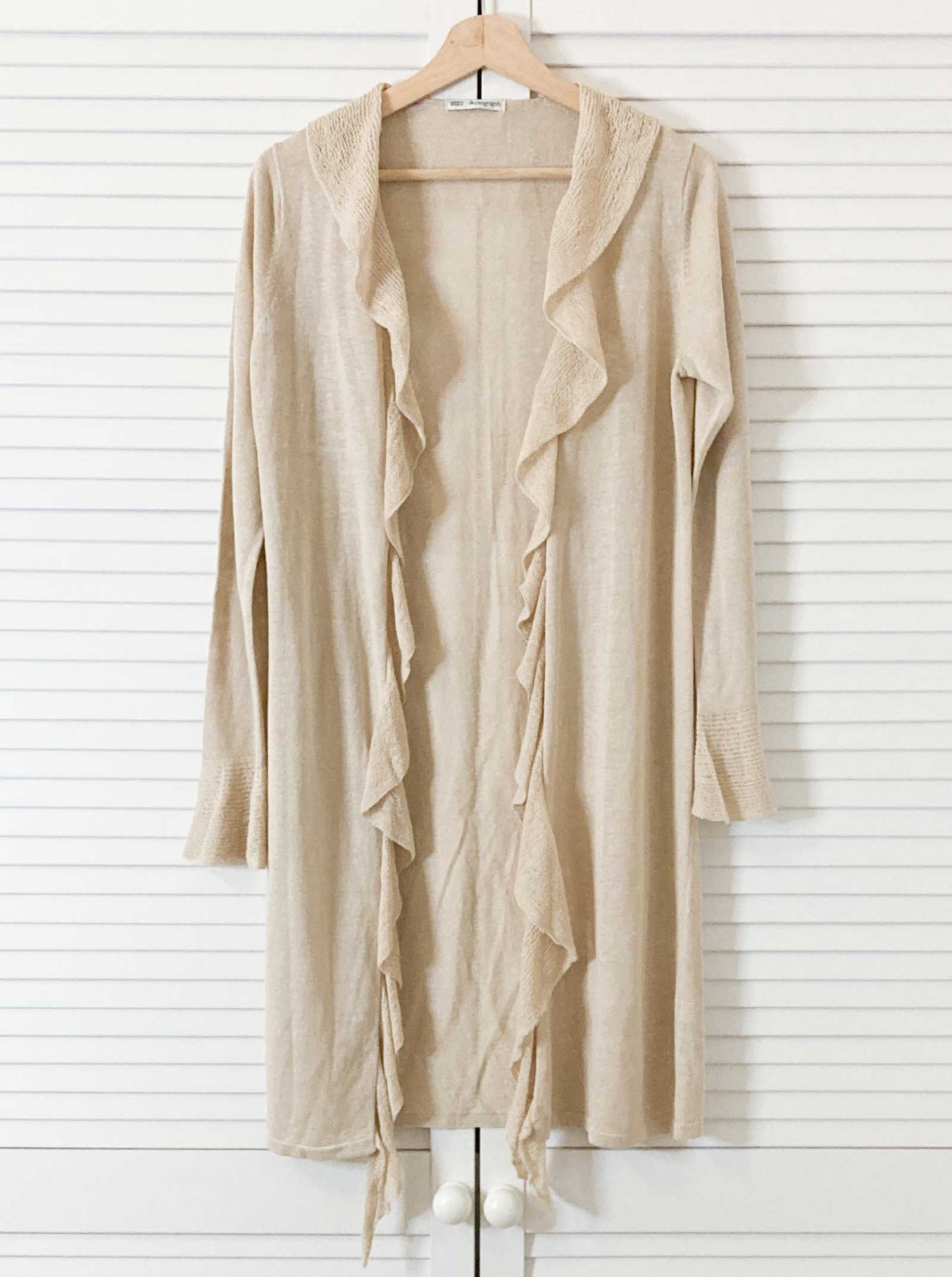 Autograph M&S Cardigan Size 12 Natural Beige Linen Blend Frill Trim Longline