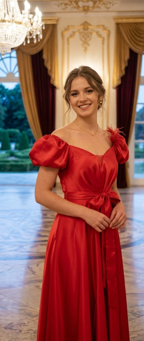 Elegant Red Satin Evening Dress Balloon Puff Sleeve Maxi Party Gown Gently Used