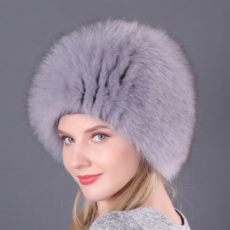 Winter Women Warm Rabbit Fur Fox Fur Hat Outdoor Fluffy Knitted Hat Cap