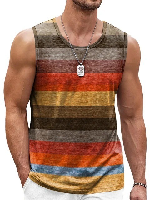 Men’s Striped Gym Tank Top Summer Beach Muscle Sleeveless Shirt Casual Vest S-6X