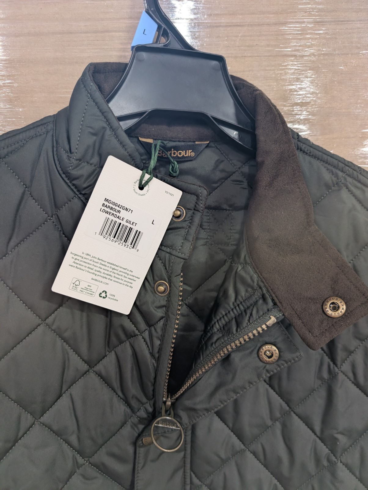 Barbour Men’s Olive Green Lowerdale Quilted Gilet Full Zip Vest Sz Lg