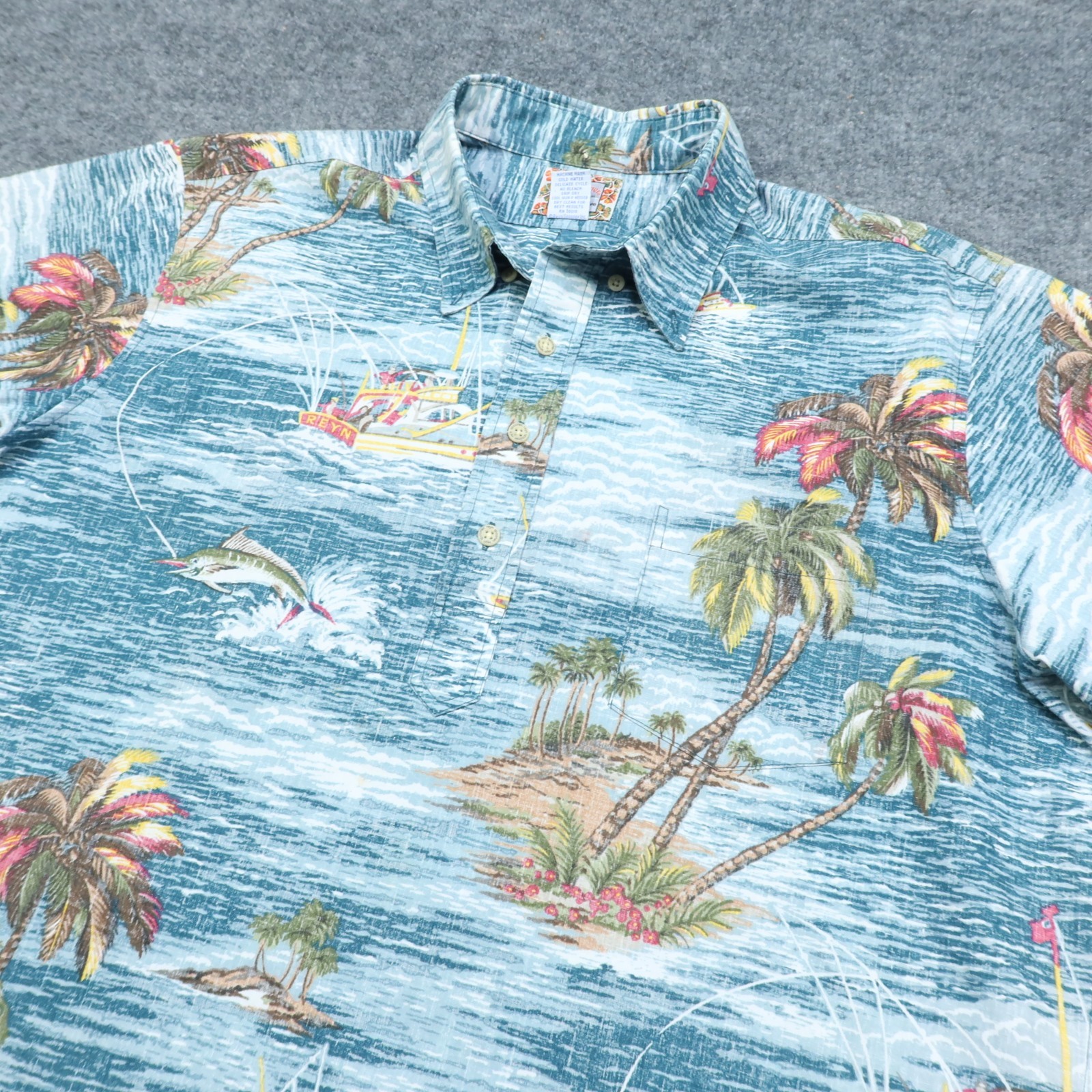 Reyn Spooner Shirt Mens XL Blue Pullover Hawaiian Boats Fishing Short Sleeve