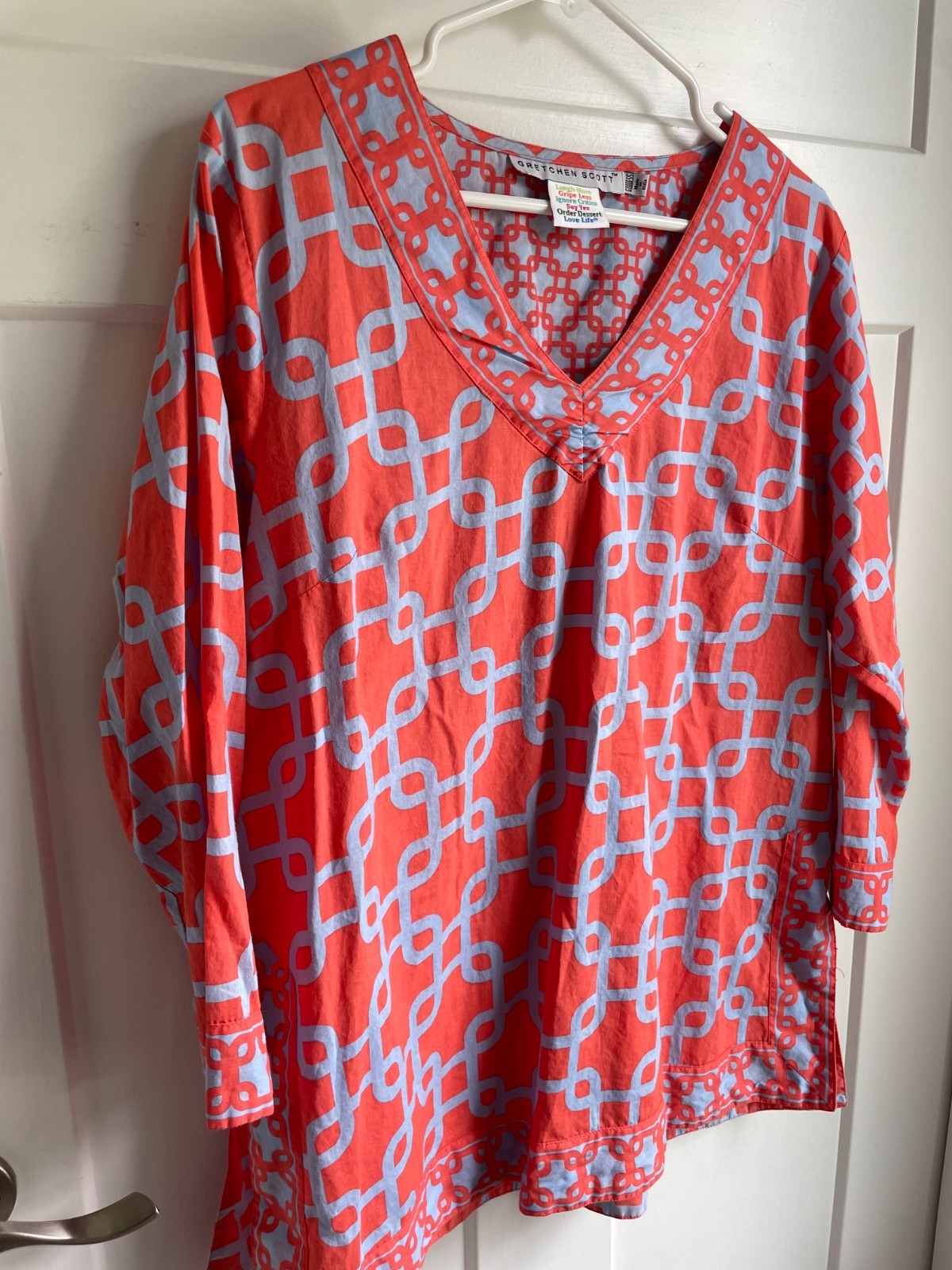 Gretchen Scott Tunic Top Unchained Coral Blue Geometric Size Goddess Large XL