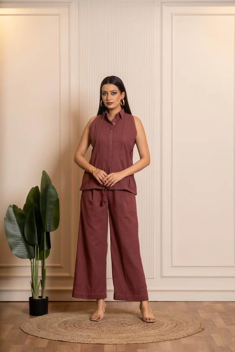 Brown Cotton Slub Co-ord Sets, Top & Palazzo Set, Two-Piece Outfit, Co ord Set
