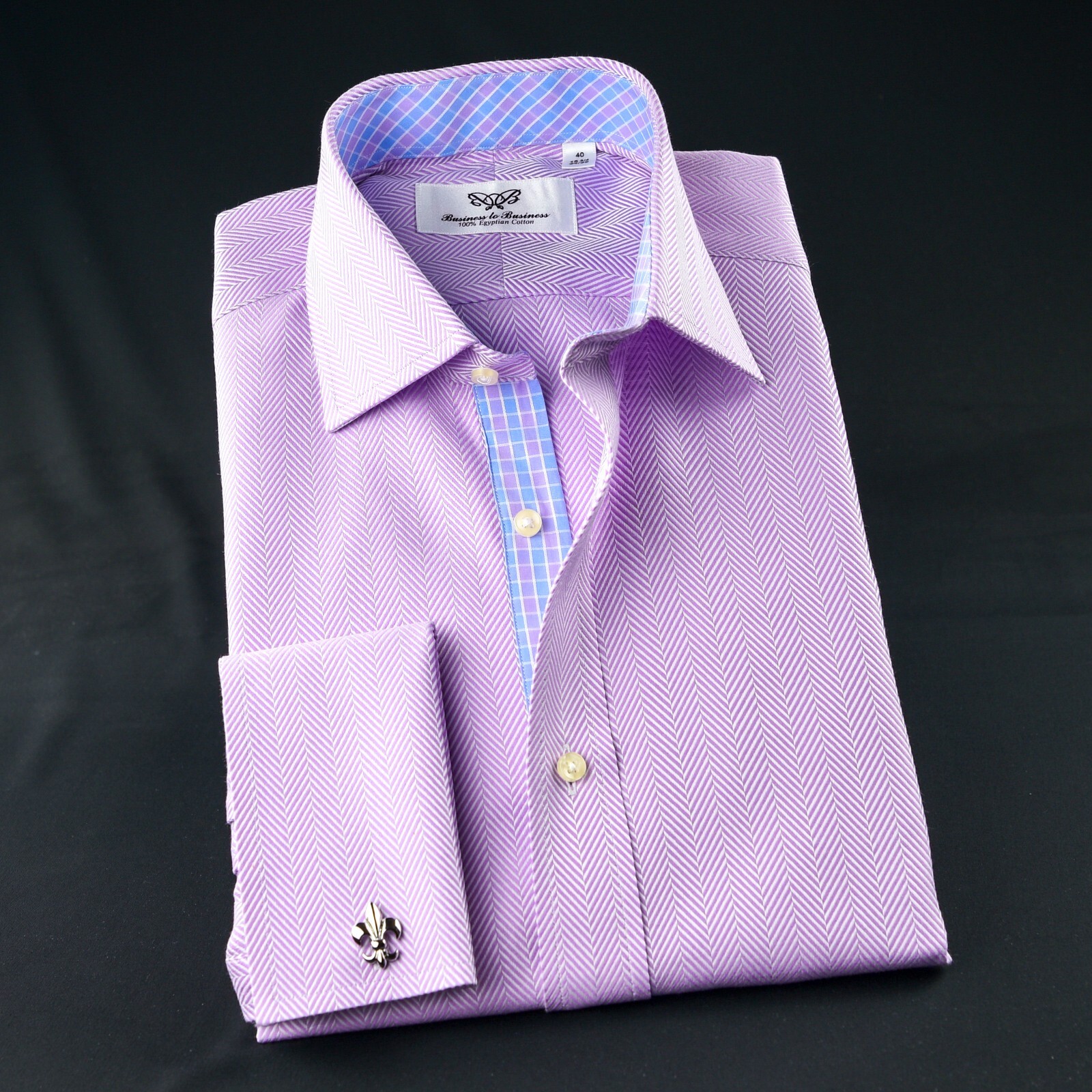 Lilac TOPHerringbone Dress Shirt Luxury With Fancy Boss Inner Lining Double Cuff
