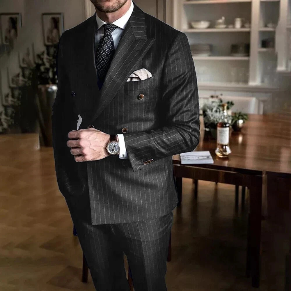 Chic Pinstripe Men’s Suits 2 Pieces Set Formal Double Breasted Peak Lapel Suit