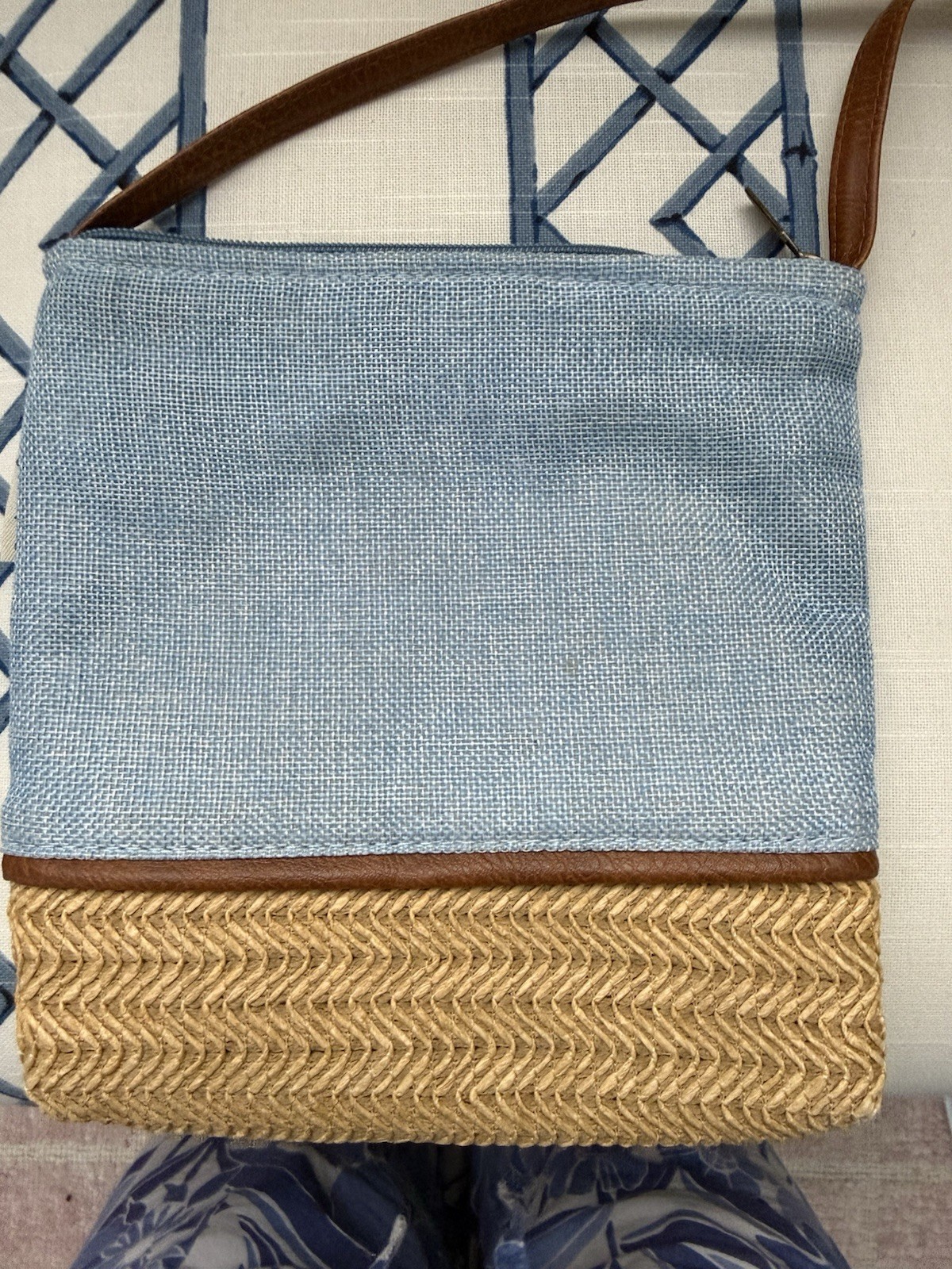 Used Good Condition, Denim Blue, And Wicker “Sun & Sand” Crossbody Bag