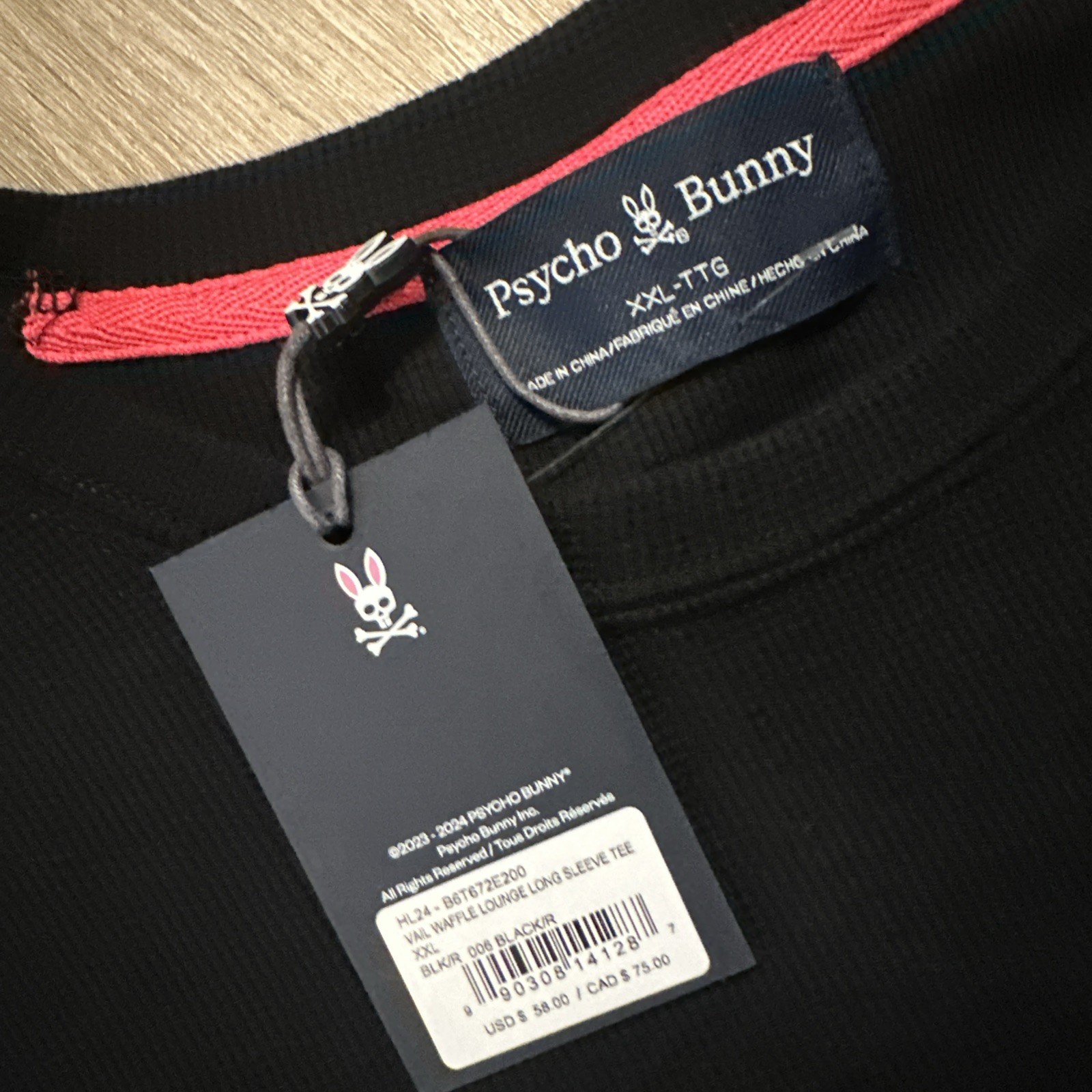 NWT Psycho Bunny Vail Long Sleeve Waffle Lounge Pocket Shirt Men’s 2XL BLK