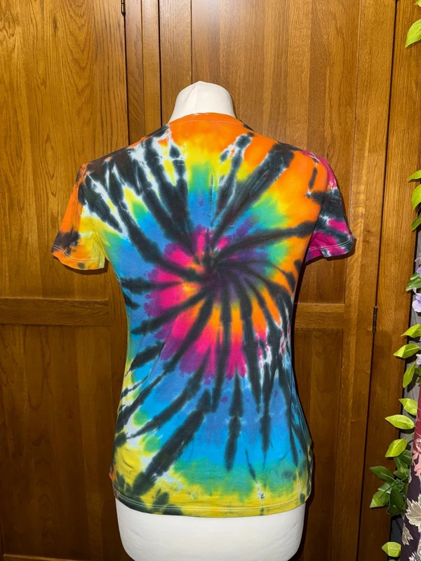Small ladies tight fitting stretch rainbow swirl tie dye T-shirt