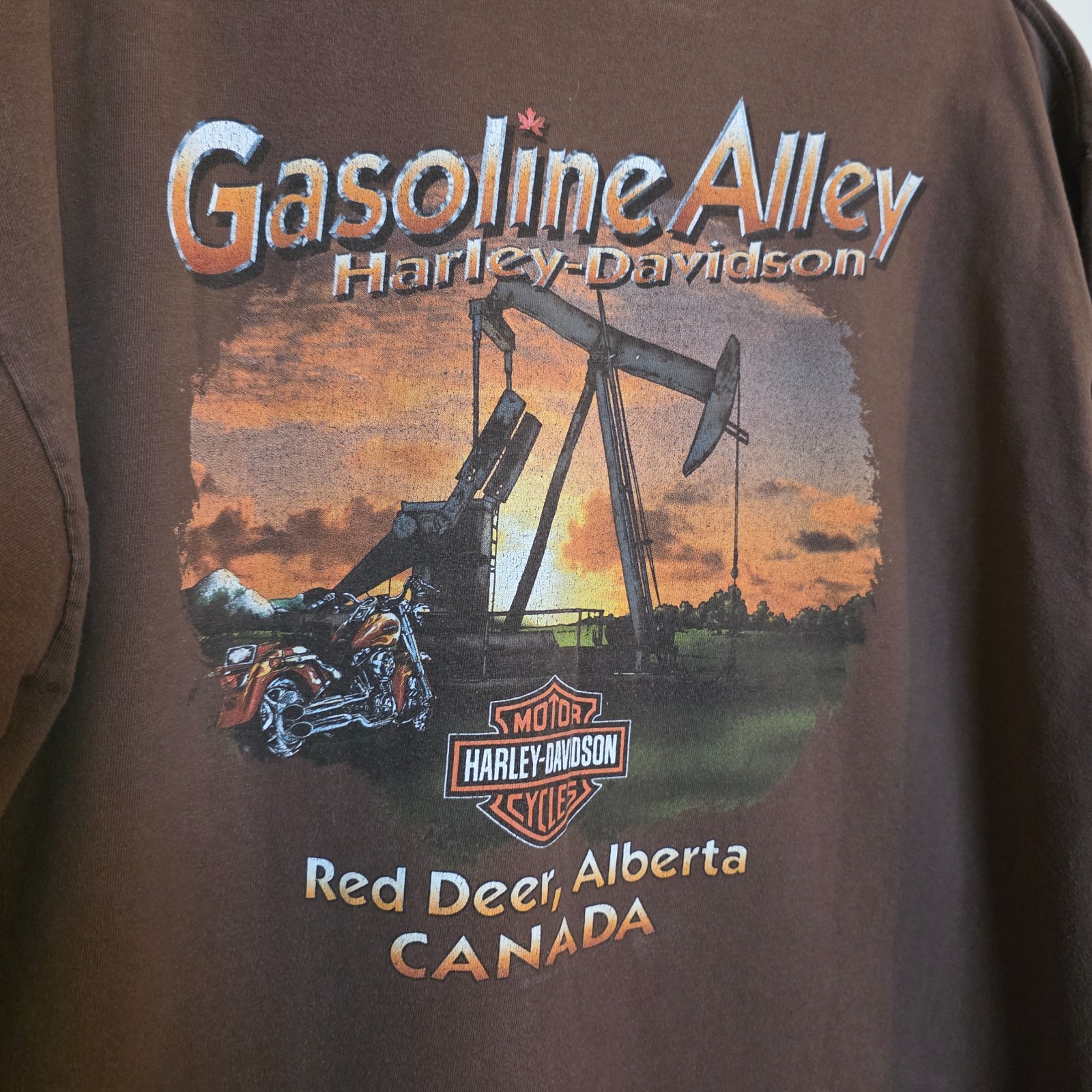 Vintage Harley Davidson Shirt XL Brown Gasoline Alley Red Deer Alberta Pumpjack