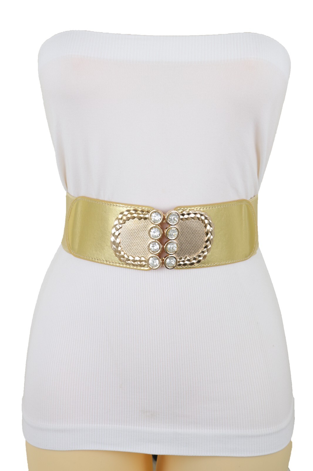 Women Gold Color Elastic Waistband Fabric Strap Fashion Belt Metal Buckle S M