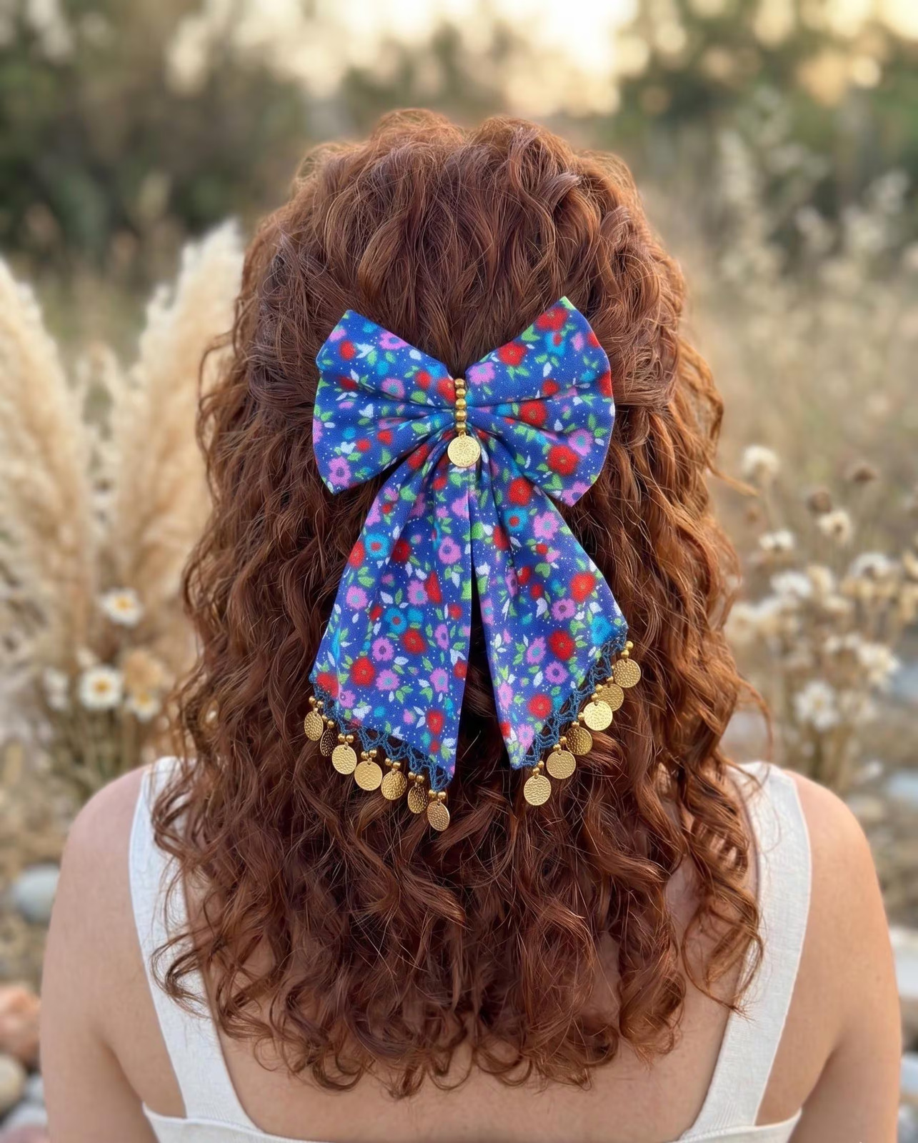 Gold-Toned Handmade Floral Hair Bow with Coin Trim Unique Boho Vintage Turkish