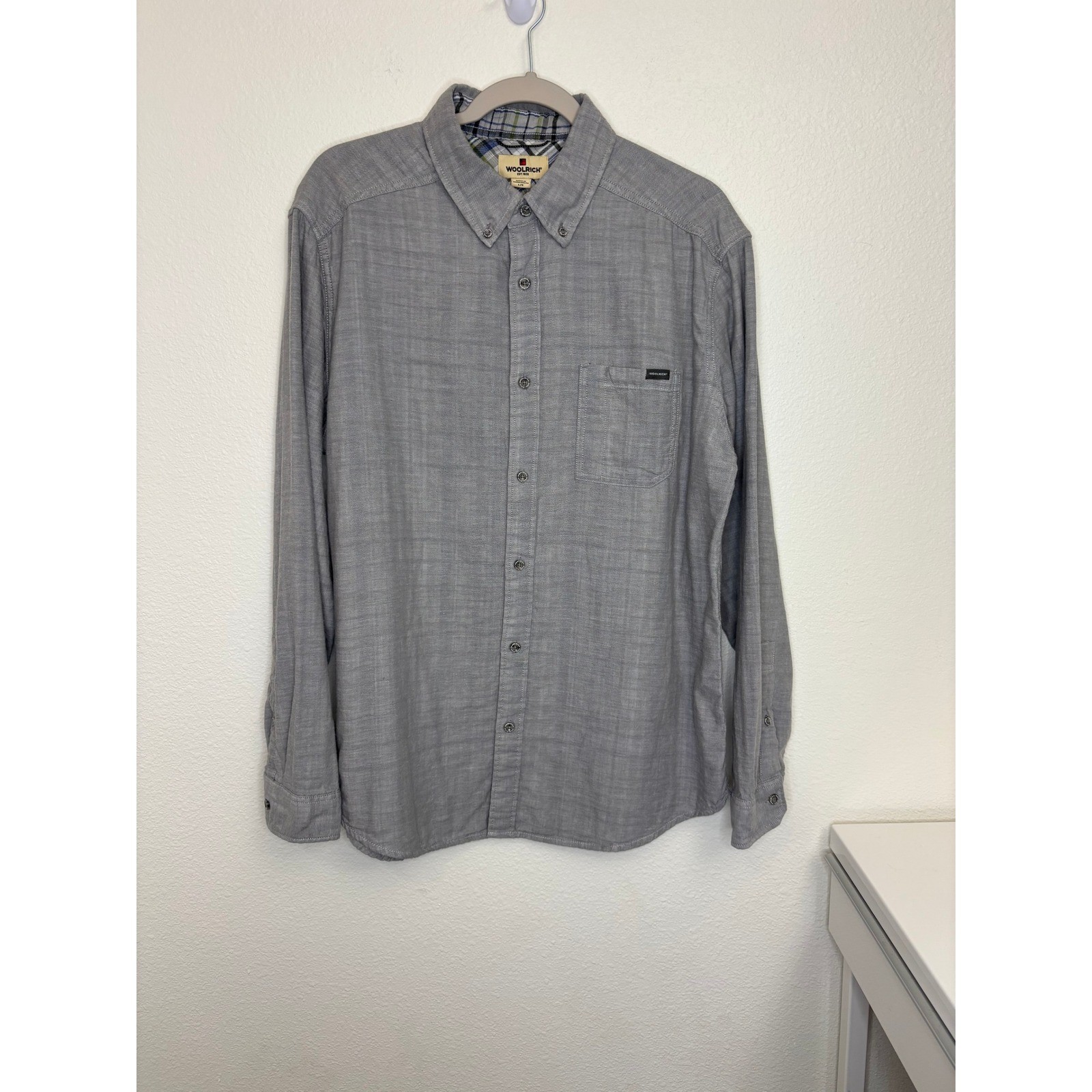 2 Woolrich Mens Button Front Shirt L Cotton Long Sleeve Plaid Lined Navy Gray