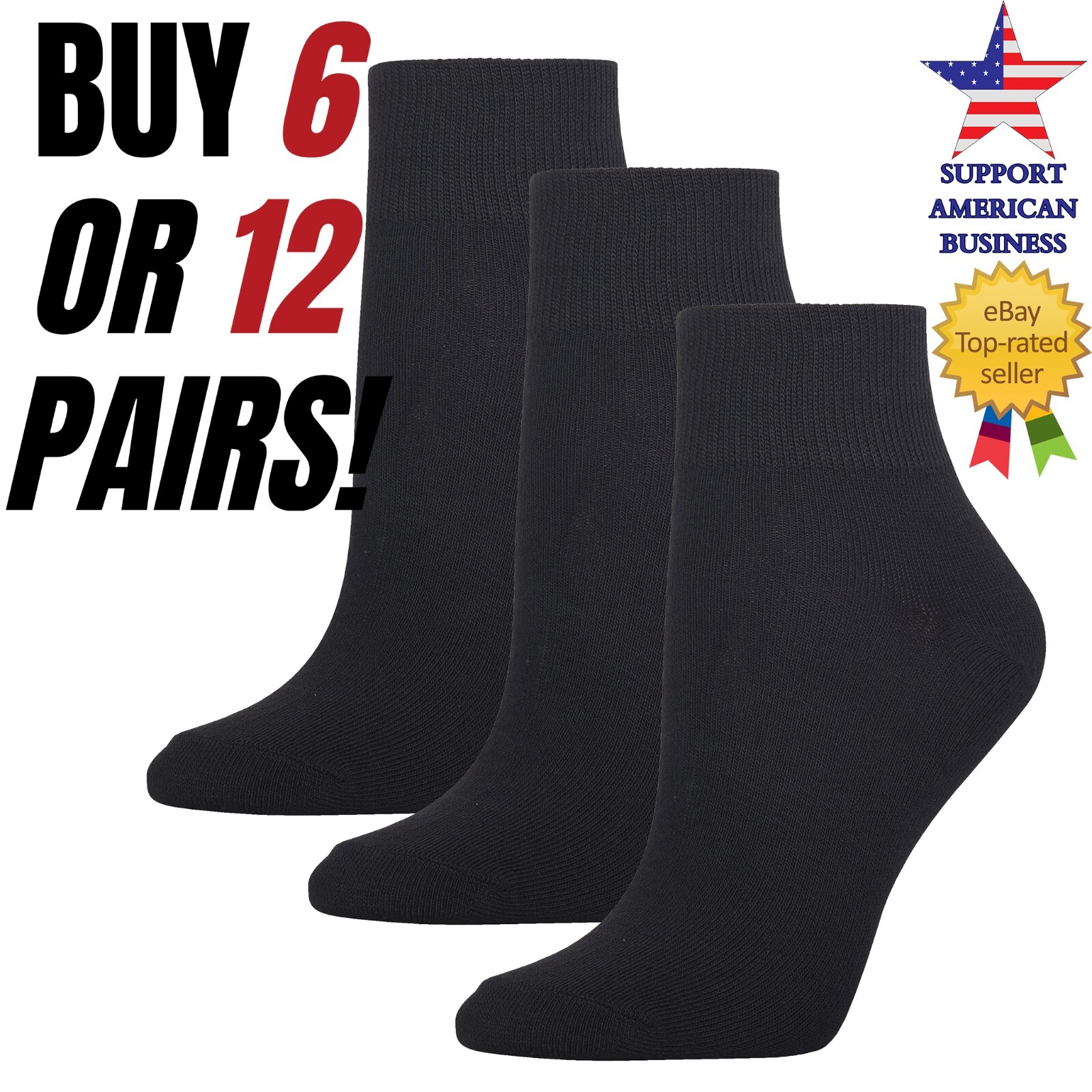 Black Quarter Dress Socks for Men Women Sport Plain Size 6-8 9-11 10-13 Pack