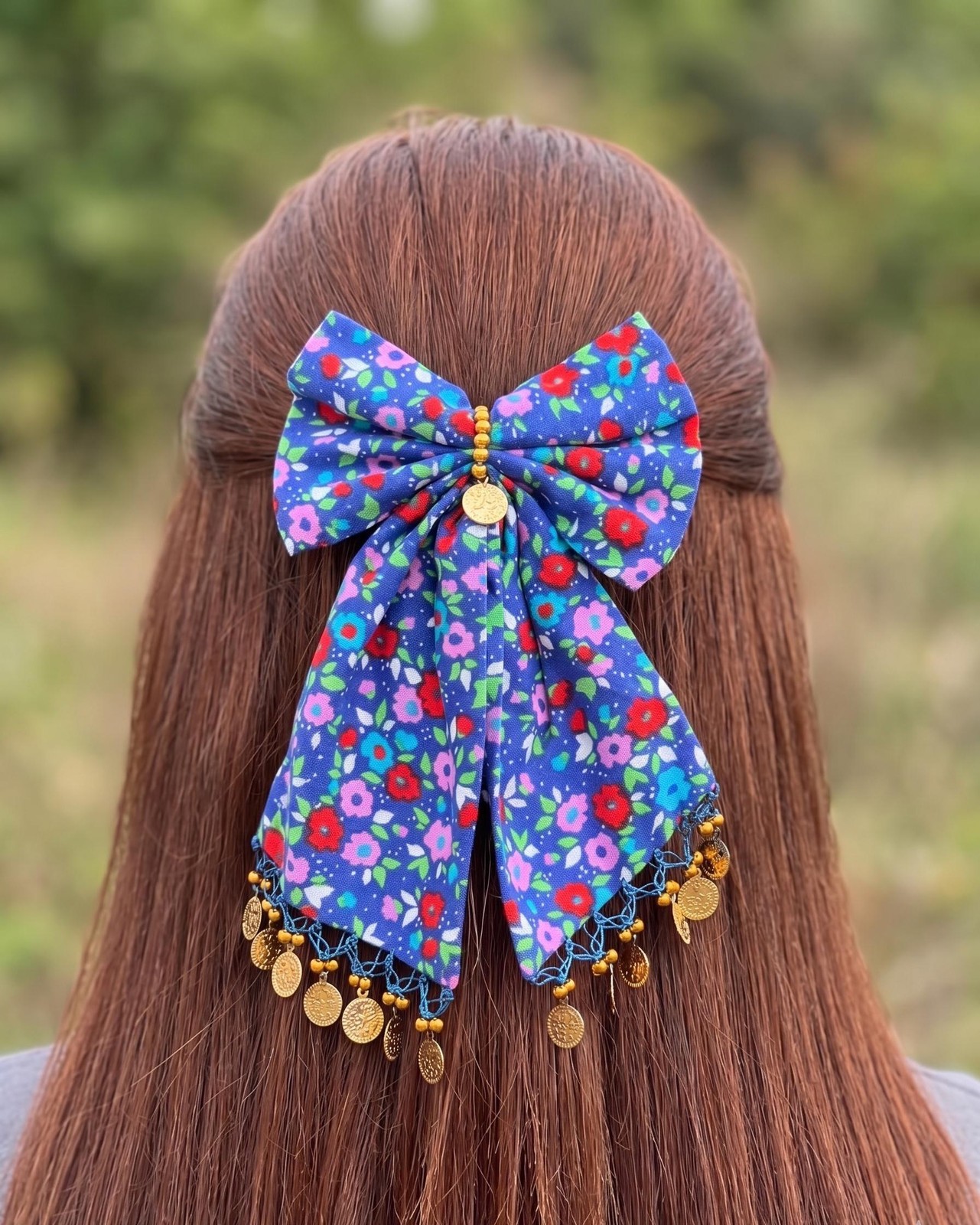 Gold-Toned Handmade Floral Hair Bow with Coin Trim Unique Boho Vintage Turkish