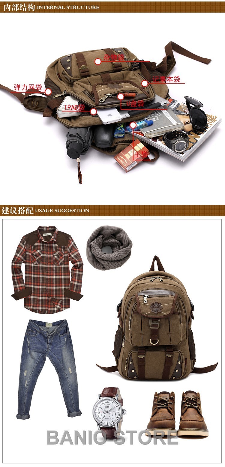 KAUKKO Men Canvas Backpack Rucksack Bag Camping Travel School Satchel Outdoor